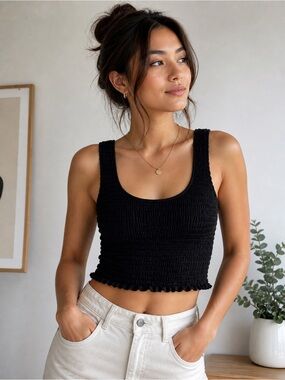 Aritzia Wilfred Free Smocked Black Crop Tank Stretch Fitted Minimalist